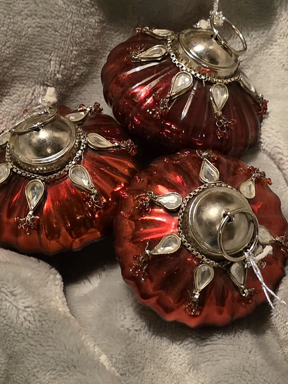 Set of 3 Jeweled Red Mercury Glass Ornaments